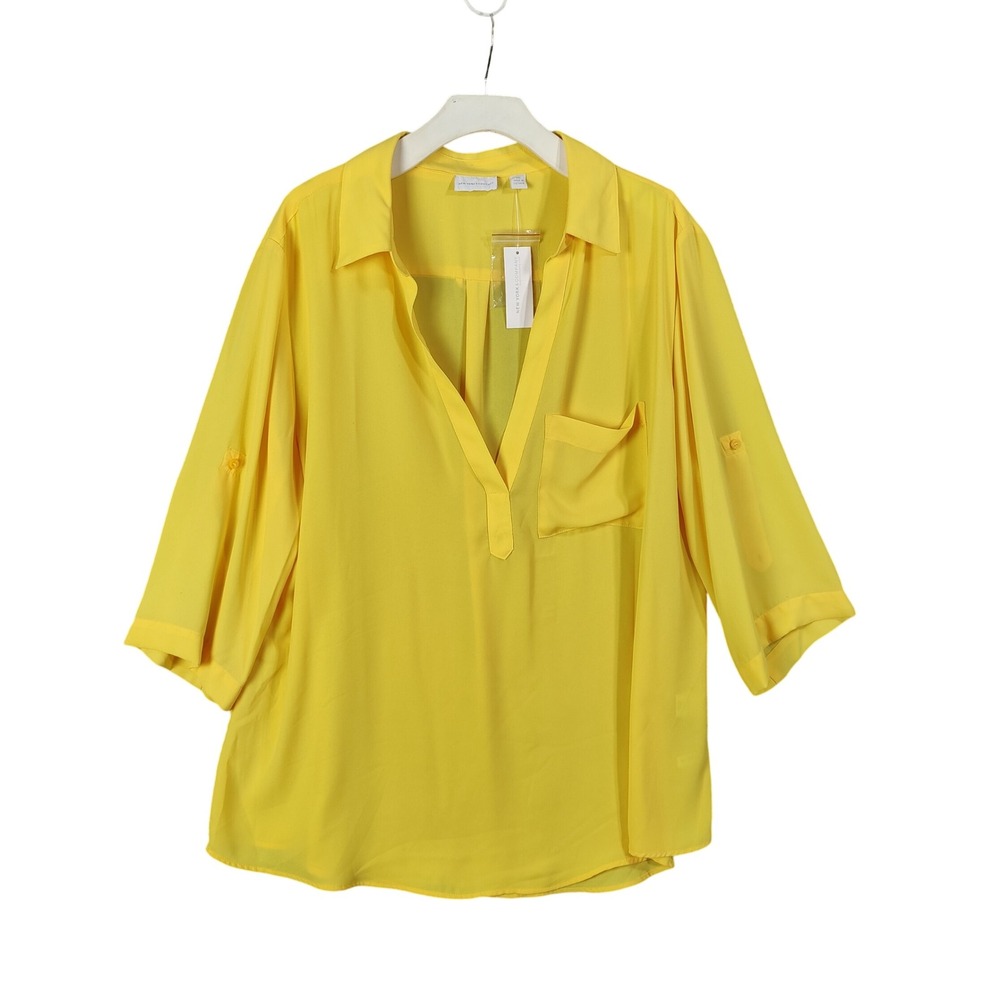 New York & Co Vacation Butter Yellow Blouse Roll Tab Sleeve Collared Womens XXL‎